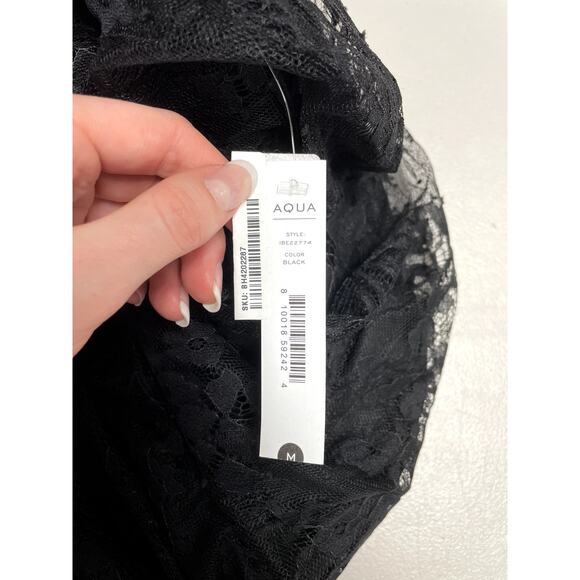 NEW AQUA Puff Sleeve Lace Blouse High Neck Pleated Sheer in Black Women's M - Picture 7 of 8